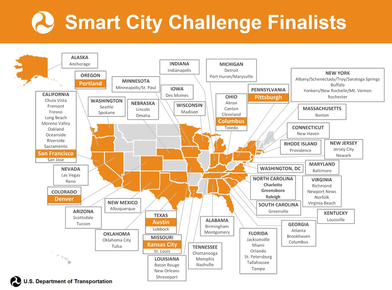 78 cities applied to the challenge, and the seven finalists announced today are shown in orange